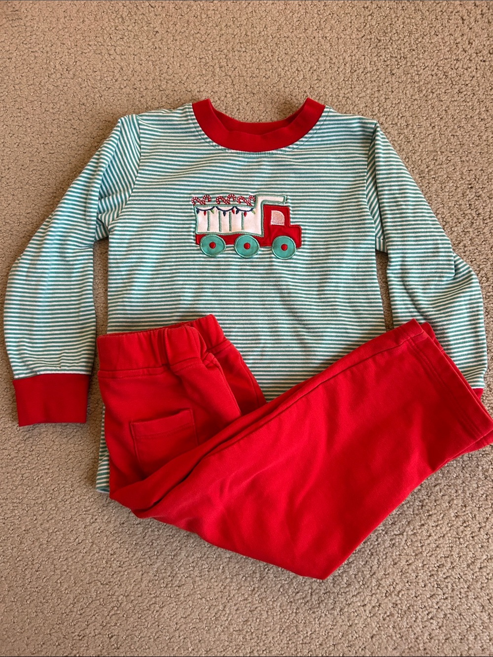 Red & Green Striped Kids Set with Christmas Dump Truck Applique